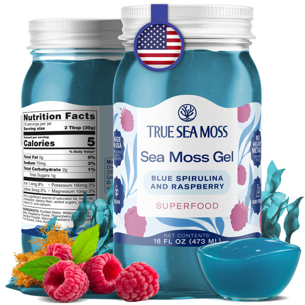 TrueSeaMoss Sea Moss Gel – Made in USA – Wildcrafted Seamoss Fruits & Jarred Vegetables – Blue Spirulina Pack of 1 (Labels may Vary)