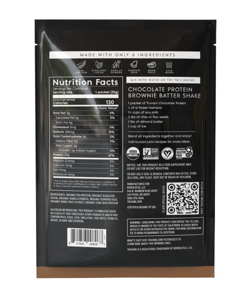 Truvani Vegan Pea Protein Powder | Chocolate | 20g Organic Plant Based Protein | 1 Serving | Keto | Gluten & Dairy Free | Low Carb | No Added Sugar