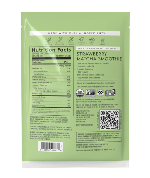 Truvani Vegan Pea Protein Powder | Matcha | 20g Organic Plant Based Protein | 1 Serving | Keto | Gluten & Dairy Free | Low Carb | No Added Sugar