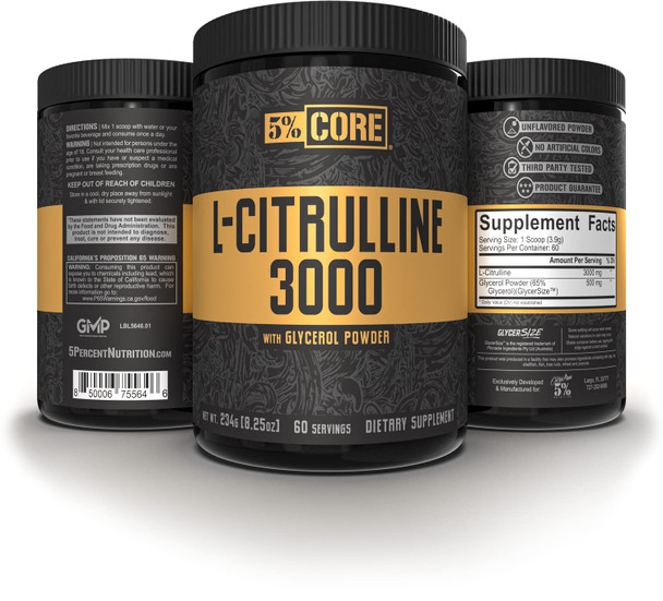 5% Nutrition Core L-Citrulline 3000 with Glycerol | Nitric Oxide Booster & Muscle Pump Supplement | Pre-Workout Additive | Unflavored (60 Servings)
