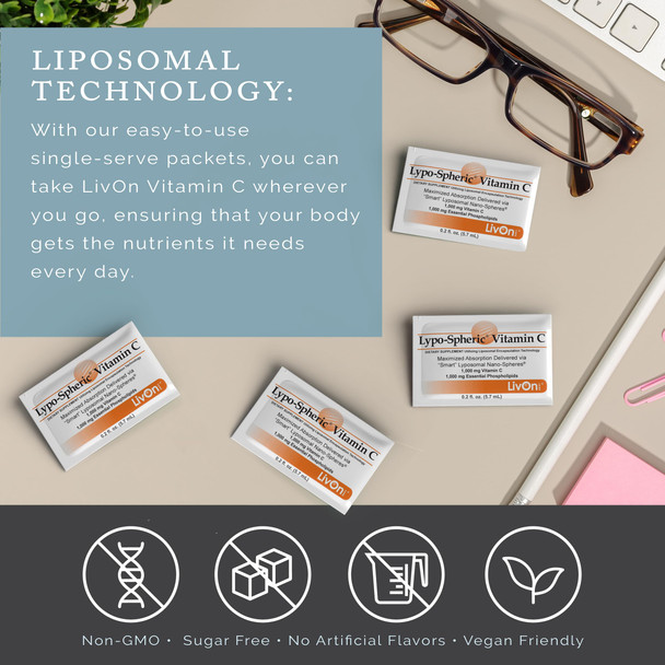 LivOn Laboratories - Lypo–Spheric Vitamin C – 1000 mg Vitamin C & 1000 mg Essential Phospholipids Per Packet – Liposome Encapsulated for Improved Absorption – Non–GMO - 12 Pack (360 Count)