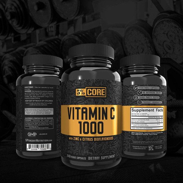 5% Nutrition Core Vitamin C 1000 | with Zinc and Citrus Bioflavonoids for Antioxidant Support & Immune Health | (120 Servings / 240 VegCaps)