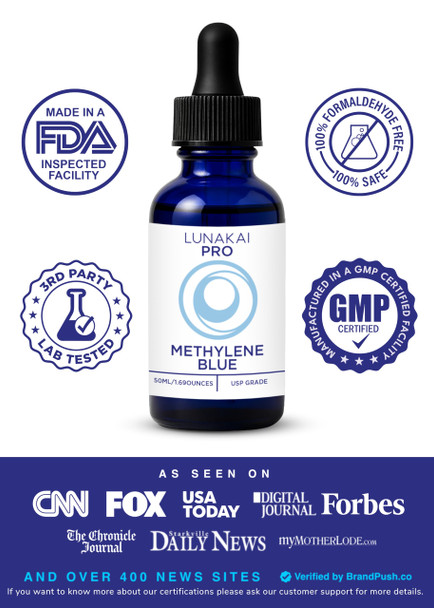 Lunakai USA Made Methylene Blue Pharmaceutical Grade 99.99% Pure USP Grade 1% Methylene Blue Drops for Humans Cognitive and Focus Support Supplement