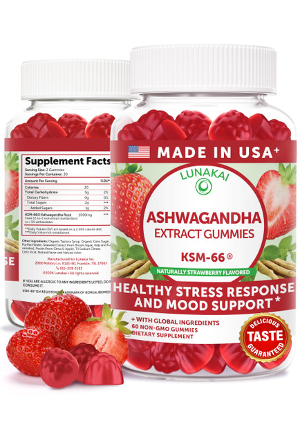 Lunakai USA Made KSM-66 Ashwagandha Gummies for Women & Men – Daily Vegan Supplement for Stress Mood & Sleep Support 60ct