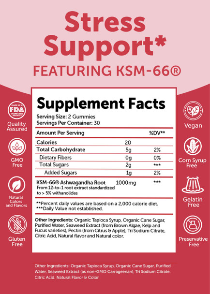 Lunakai USA Made KSM-66 Ashwagandha Gummies for Women & Men – Daily Vegan Supplement for Stress Mood & Sleep Support 60ct