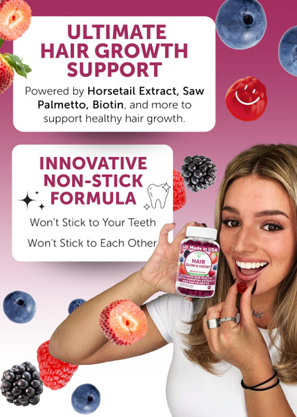 Lunakai USA Made Super Hair Gummies with Biotin Zinc Horsetail Extract & Saw Palmetto - Hair Growth Vitamins for Women & Men – Supports Thicker Longer Stronger Tresses Skin & Nails 60ct