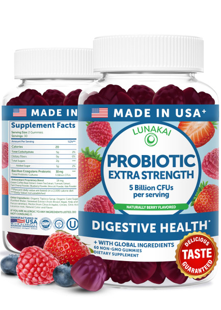 Lunakai USA Made Probiotic Gummies - 5 Billion CFUs Vegan Non-GMO Gluten-Free - Digestive & Immune Support for Women & Men - 60 Chewable Gummies