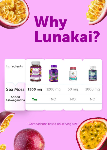 Lunakai USA Made Irish Sea Moss Gummies with Ashwagandha & Elderberry – Delicious Daily Immune & Stress Support Supplement for Men & Women 60ct
