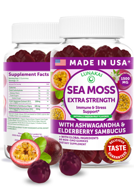 Lunakai USA Made Irish Sea Moss Gummies with Ashwagandha & Elderberry – Delicious Daily Immune & Stress Support Supplement for Men & Women 60ct