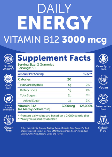Lunakai USA Made Vegan Energy Gummies – Daily Energy Supplements – 3000mcg Vitamin B12 Gummies for Women & Men – for Home or On‑the‑Go Use 60ct