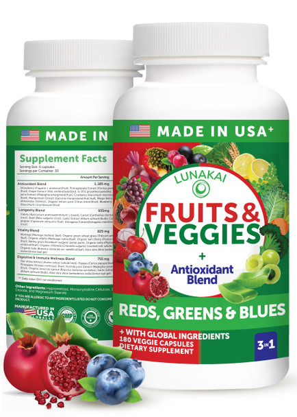 Lunakai USA Made Superfood Fruits & Veggies Supplement - All-in-One with 4 Blends & Scented Capsules 180ct Super Veggie Capsules for Adults