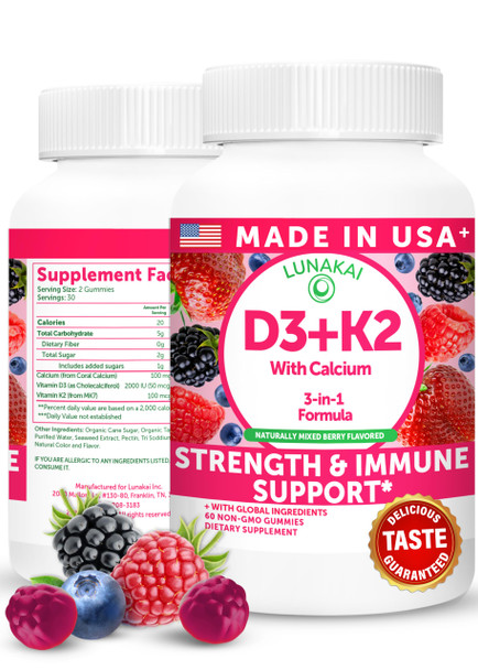 Lunakai USA Made Vitamin D3 K2 Gummies with Calcium – 3-in-1 Daily Vegan Supplement for Bone & Immune Support for Women Men & Kids 60ct