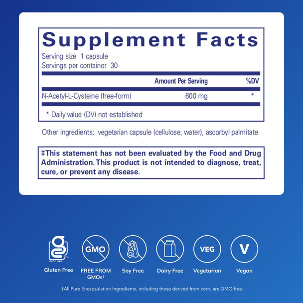 Pure Encapsulations NAC 600 mg - N-Acetyl Cysteine NAC Supplement for Lung Health & Immune Support Liver Support & Antioxidants - with Freeform N-Acetyl-L-Cysteine - 30 Capsules