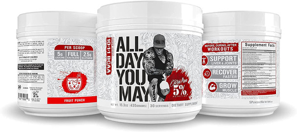 Rich Piana 5% Nutrition AllDayYouMay BCAA Powder | Premium Intra & Post Workout Amino Acids, EAA, Electrolytes | Hydration, Endurance, Recovery | Vegan & Keto | 15.3 oz, 30 Srvgs (Fruit Punch)