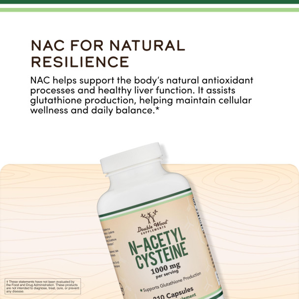 NAC Supplement (N-Acetyl Cysteine) - 99%+ Purity Tested - (1,000mg Per Serving 500mg Per Cap 210 Capsules) (Third Party Tested) with Odor Masking Technology to Boost Glutathione Levels by Double Wood