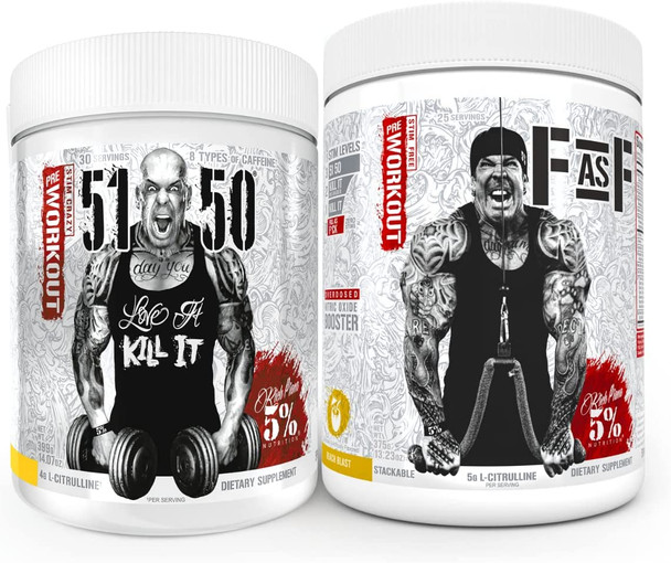 Rich Piana 5% Nutrition Bundle | 5150 High Stim Pre-Workout (Tropical Rage) + FasF Stim-Free Nitric Oxide Booster Pre-Workout (Beach Blast))