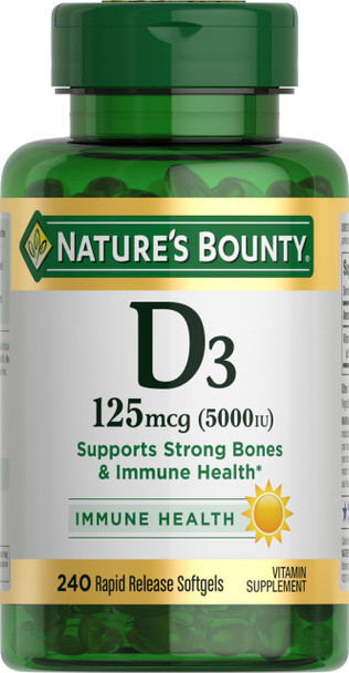 Nature's Bounty Vitamin D3 5000 IU Softgels, Rapid Release Immune Support Vitamin D Supplements, 240 Ct