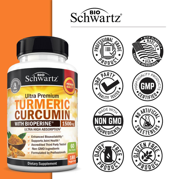Turmeric Curcumin with Black Pepper Extract 1500mg - High Absorption Ultra Potent Turmeric Supplement with 95% Curcuminoids and BioPerine - Non GMO Tumeric Capsules for Joint Support - 180 Capsules