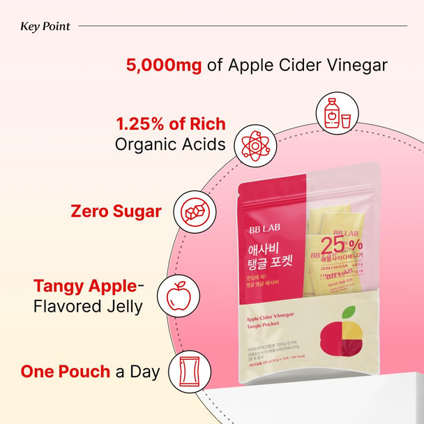 NUTRIONE BB LAB Apple Cider Vinegar Jelly – 5,000mg Per Pouch Zero Sugar 20g x 14 Packs Premium Korean Apple Cider Vinegar Convenient Delicious & Refreshing Apple Flavor