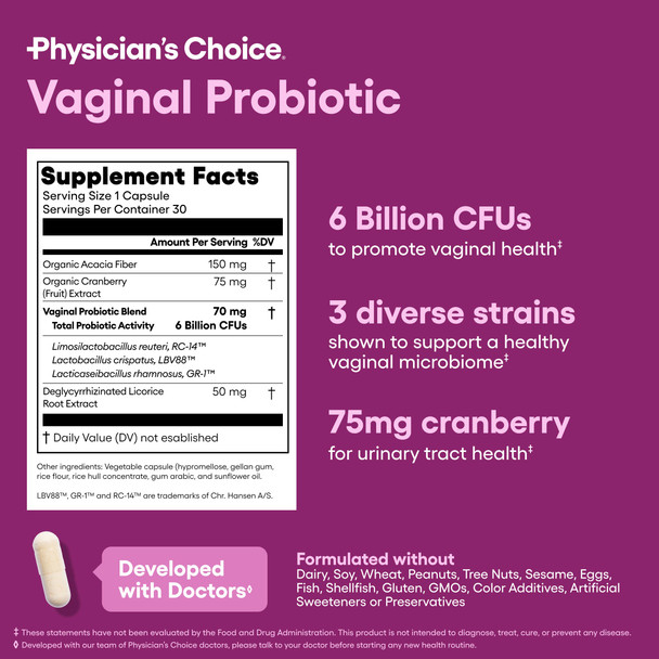 Physicians CHOICE Vaginal Probiotics for Women - pH Balance Odor Control Yeast Balance Vaginal Flora & Feminine Health - 6B CFU with Organic Prebiotics and Cranberry Extract - 30 CT
