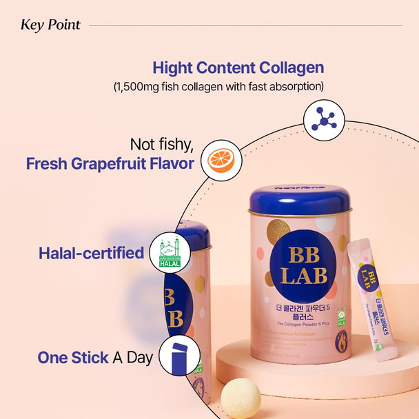 BB LAB Collagen Powder S Plus Halal Low Molecular Korean Collagen Powder Stick Supplement Marine Fish Collagen Peptides Vitamin C Glycine Fast Absorption Grapefruit Flavor