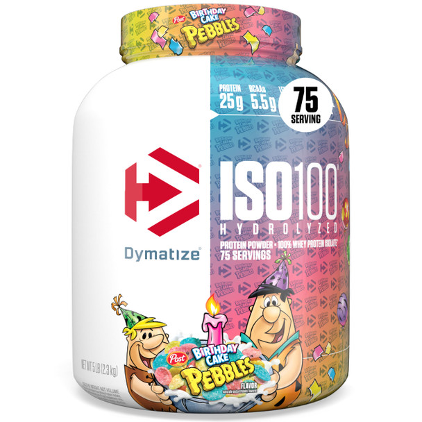 Dymatize ISO100 Whey Protein Powder Isolate Birthday Cake 25g of Protein 5 Pound 55g BCAAs Less Than 120 Cal Gluten Free 1g Fat 1g Sugar 2g Carb (75 Servings)