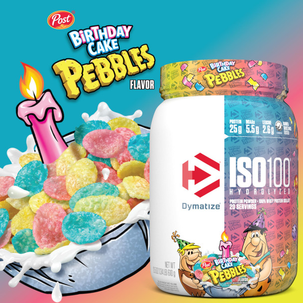 Dymatize x Birthday Cake Pebbles ISO100 Whey Protein Powder Isolate 25g of Protein 20 Servings 55g BCAAs 120 Cal. Gluten Free 1g Fat 1g Sugar 2g Carb