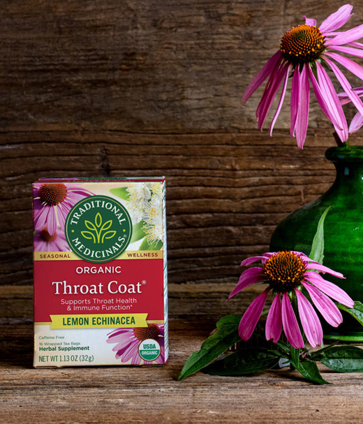 Traditional Medicinals Organic Throat Coat Lemon Echinacea Herbal Tea Supports Throat Health (Pack of 1) - 16 Tea Bags