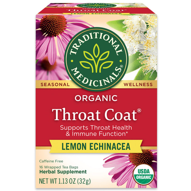 Traditional Medicinals Organic Throat Coat Lemon Echinacea Herbal Tea Supports Throat Health (Pack of 1) - 16 Tea Bags