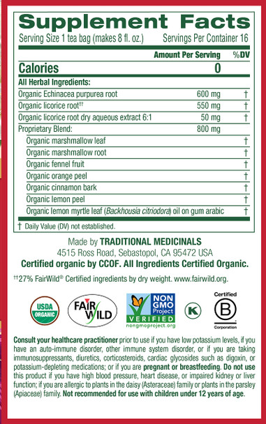 Traditional Medicinals Organic Throat Coat Lemon Echinacea Herbal Tea Supports Throat Health (Pack of 1) - 16 Tea Bags