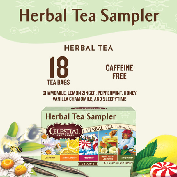 Celestial Seasonings Herbal Tea Sampler Variety Pack Caffeine Free 18 Tea Bags Box