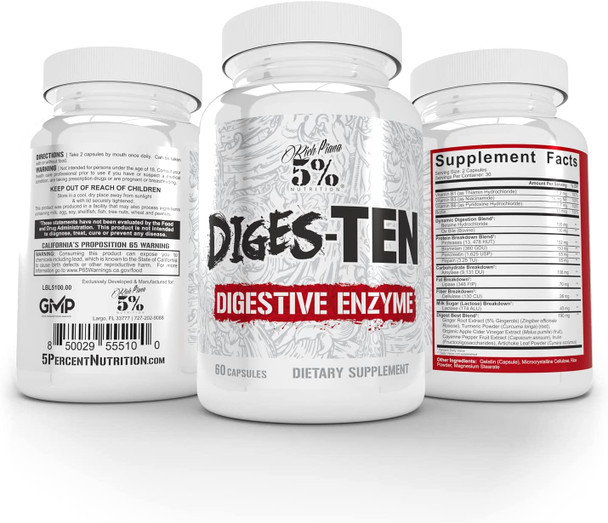 Rich Piana 5% Nutrition Digestive Defender | Probio-75 & Diges-Ten Digestion Supplement | Premium Quality Digestive Enzymes with Probiotics and Prebiotic Fiber | 120 Veggie Capsules (30 Srvgs)