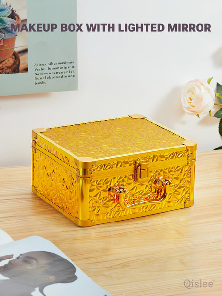 Qislee Makeup Box with A Detachable Lighted Mirror Waterproof Travel Train Case Cosmetic Organizer Bag and Makeup Suitcase with Adjustable Dividers Magnetic LED Mirror (Bling Gold)