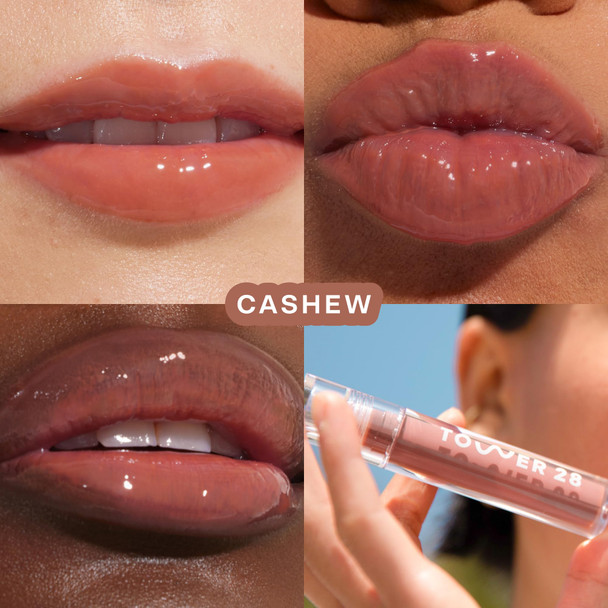 Tower 28 ShineOn Lip Gloss Jelly - Hydrating Tinted Lip Balm + Milky Gloss for Sensitive Lips - Non-Sticky + High-Shine Jelly Formula with Nourishing Oil Blend - Cashew - Rosy Brown (013)
