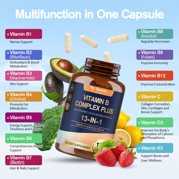 Totaria 13 in 1 Vitamin B Complex Plus with Vitamin B1 B2 B3 Niacinamide B4 B5 B6 B7 Biotin B8 Inositol B9 Folate B12 C D3 K2  Energy Nerve Immune Skin Support  120 Vegan Capsules