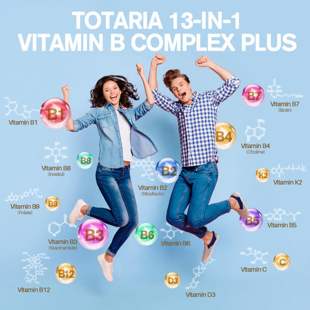 Totaria 13 in 1 Vitamin B Complex Plus with Vitamin B1 B2 B3 Niacinamide B4 B5 B6 B7 Biotin B8 Inositol B9 Folate B12 C D3 K2  Energy Nerve Immune Skin Support  120 Vegan Capsules