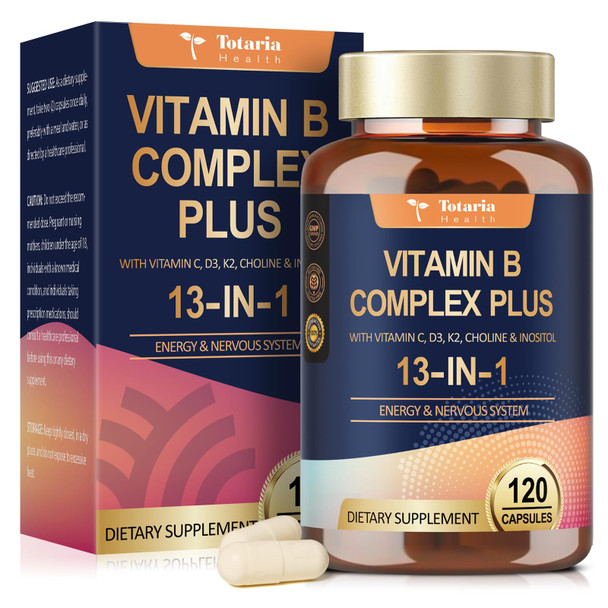 Totaria 13 in 1 Vitamin B Complex Plus with Vitamin B1 B2 B3 Niacinamide B4 B5 B6 B7 Biotin B8 Inositol B9 Folate B12 C D3 K2  Energy Nerve Immune Skin Support  120 Vegan Capsules