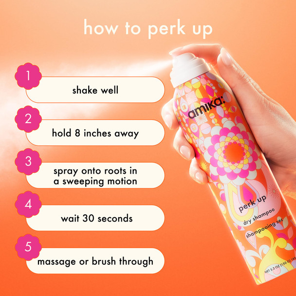 amika perk up talc-free dry shampoo | refreshes roots with a voluminous oomph between washes no white residue, absorbs oil + reduces odor for all hair types