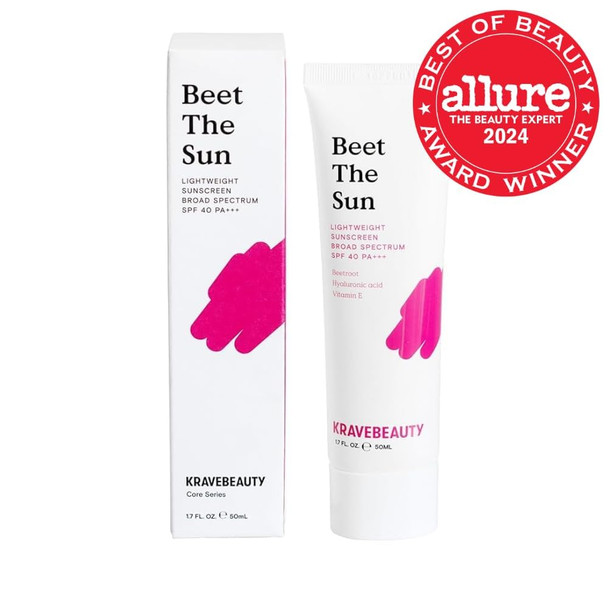 KraveBeauty Beet The Sun Lightweight Sunscreen SPF 40 PA+++ Broad Spectrum Facial Sunscreen with Beet Root Extract & Hyaluronic Acid Non-Greasy Daily SPF Lotion for Face Fragrance Free 50 mL
