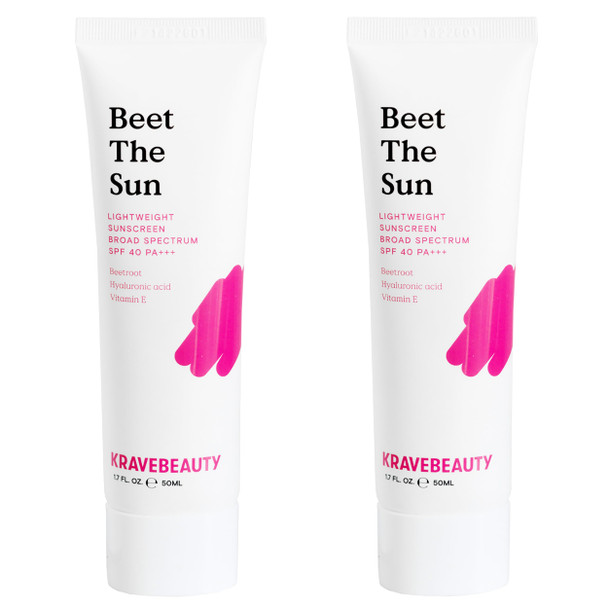 KraveBeauty Beet The Sun Lightweight Sunscreen SPF 40 PA+++ 2 Pack Broad Spectrum Facial Sunscreen with Beet Root Extract & Hyaluronic Acid Daily SPF Lotion for Face Fragrance Free 2 x 50 mL