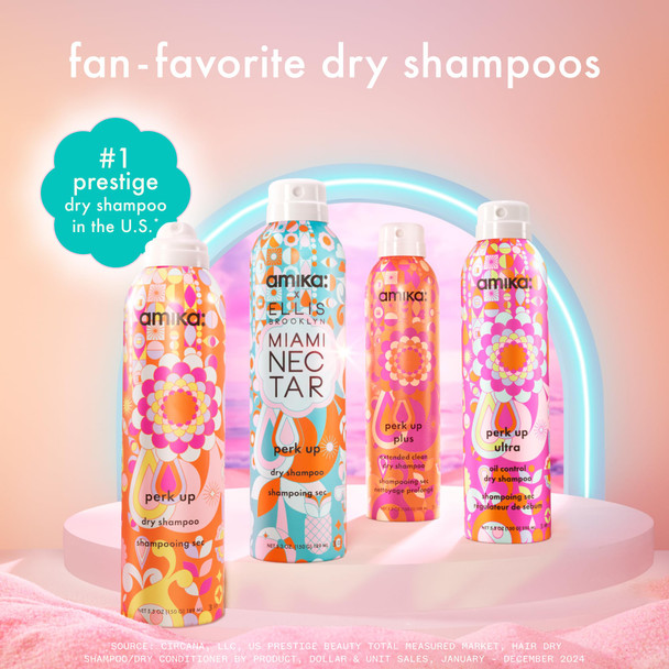 amika perk up talc-free dry shampoo | refreshes roots with a voluminous oomph between washes no white residue absorbs oil + reduces odor for all hair types