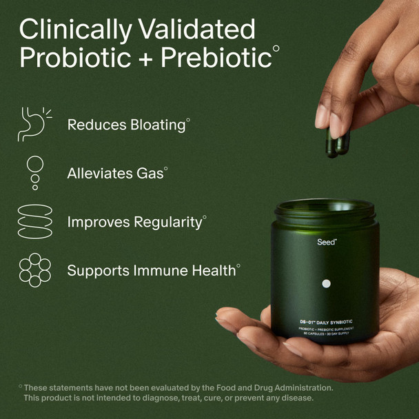 Seed DS-01 Daily Synbiotic - Prebiotic and Probiotic for Women & Men - Digestive Health Gut Health Immune Support Bloating & Constipation Relief - Vegan & Shelf-Stable - 30-Day Starter (60ct)