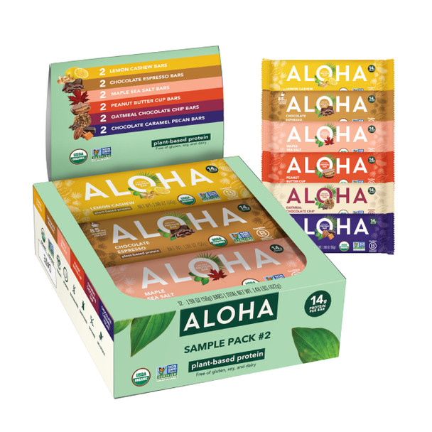 ALOHA Organic Plant Based Protein Bars - Sampler Pack 2nd Edition - 12 Bars Vegan Low Sugar Gluten-Free Paleo Low Carb Non-GMO No Stevia No Erythritol