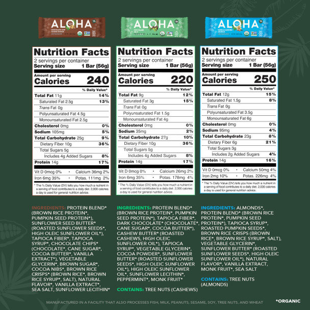 ALOHA Organic Plant Based Protein Bars - 6 Flavor Variety Pack - 12 Count 1.9oz Bars - Vegan Snacks Low Sugar Gluten-Free Low Carb Paleo Non-GMO Stevia-Free No Sugar Alcohol Sweeteners