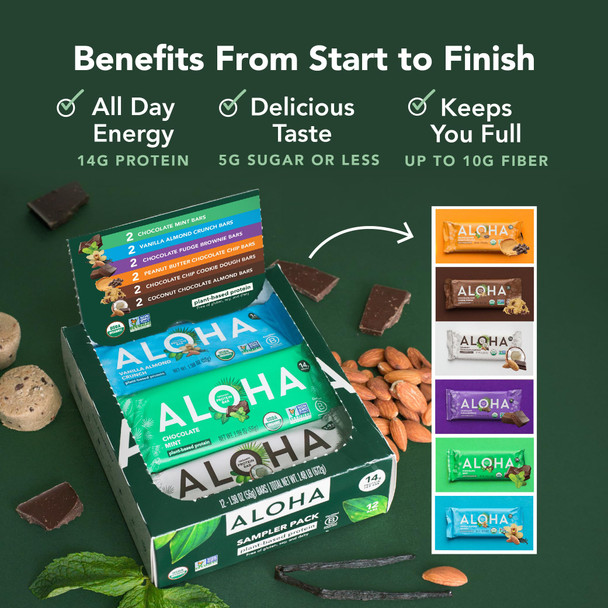 ALOHA Organic Plant Based Protein Bars - 6 Flavor Variety Pack - 12 Count 1.9oz Bars - Vegan Snacks Low Sugar Gluten-Free Low Carb Paleo Non-GMO Stevia-Free No Sugar Alcohol Sweeteners