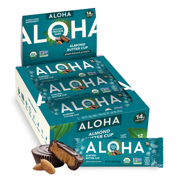 ALOHA Organic Plant Based Protein Bars - Almond Butter Cup - 12 Bars Vegan Low Sugar Gluten-Free Paleo Low Carb Non-GMO No Stevia No Erythritol
