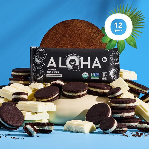 ALOHA Organic Plant Based Protein Bars - Cookies and Creme - 12 Bars Vegan Low Sugar Gluten-Free Paleo Low Carb Non-GMO No Stevia No Erythritol