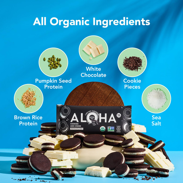 ALOHA Organic Plant Based Protein Bars - Cookies and Creme - 12 Bars Vegan Low Sugar Gluten-Free Paleo Low Carb Non-GMO No Stevia No Erythritol