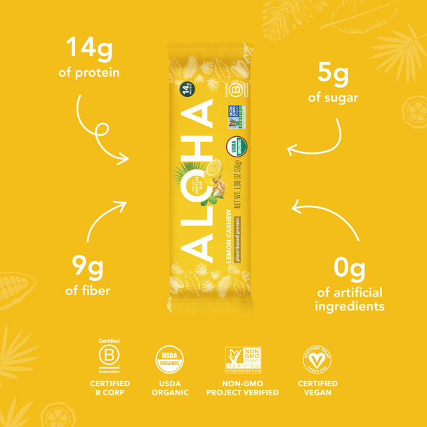 ALOHA Organic Plant Based Protein Bars - Lemon Cashew - 12-Count - Vegan Low Sugar Gluten-Free Paleo Low Carb Non-GMO No Stevia & No Erythritol