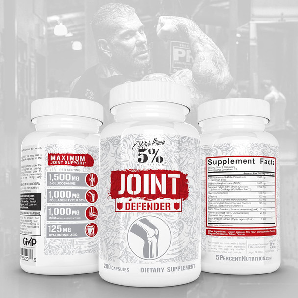 Rich Piana 5% Nutrition Joint Defender Maximum Joint Support Supplement | Collagen, Glucosamine, Chondroitin, Turmeric Curcumin with Black Pepper, MSM, Hyaluronic Acid | 200 Capsules, 25 Servings